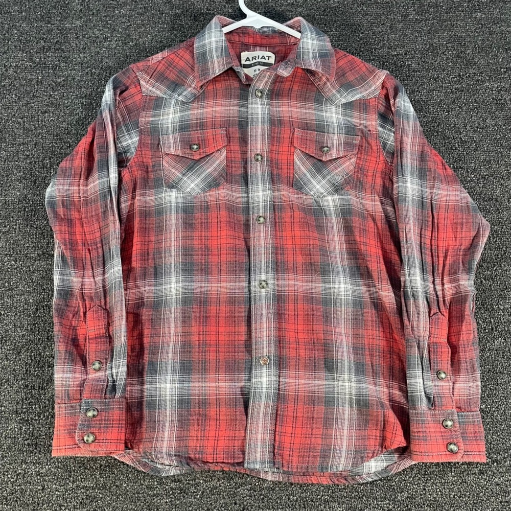 Ariat Haddon Retro Snap Boys M Red Plaid Western Shirt Good Pearl Snap Flannel